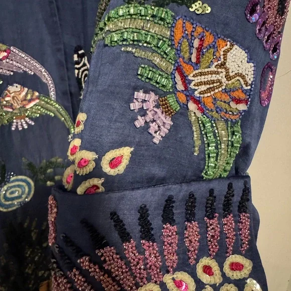 La Fuori Embroidered and Beaded Blue Long Coat - Picture 4 of 7